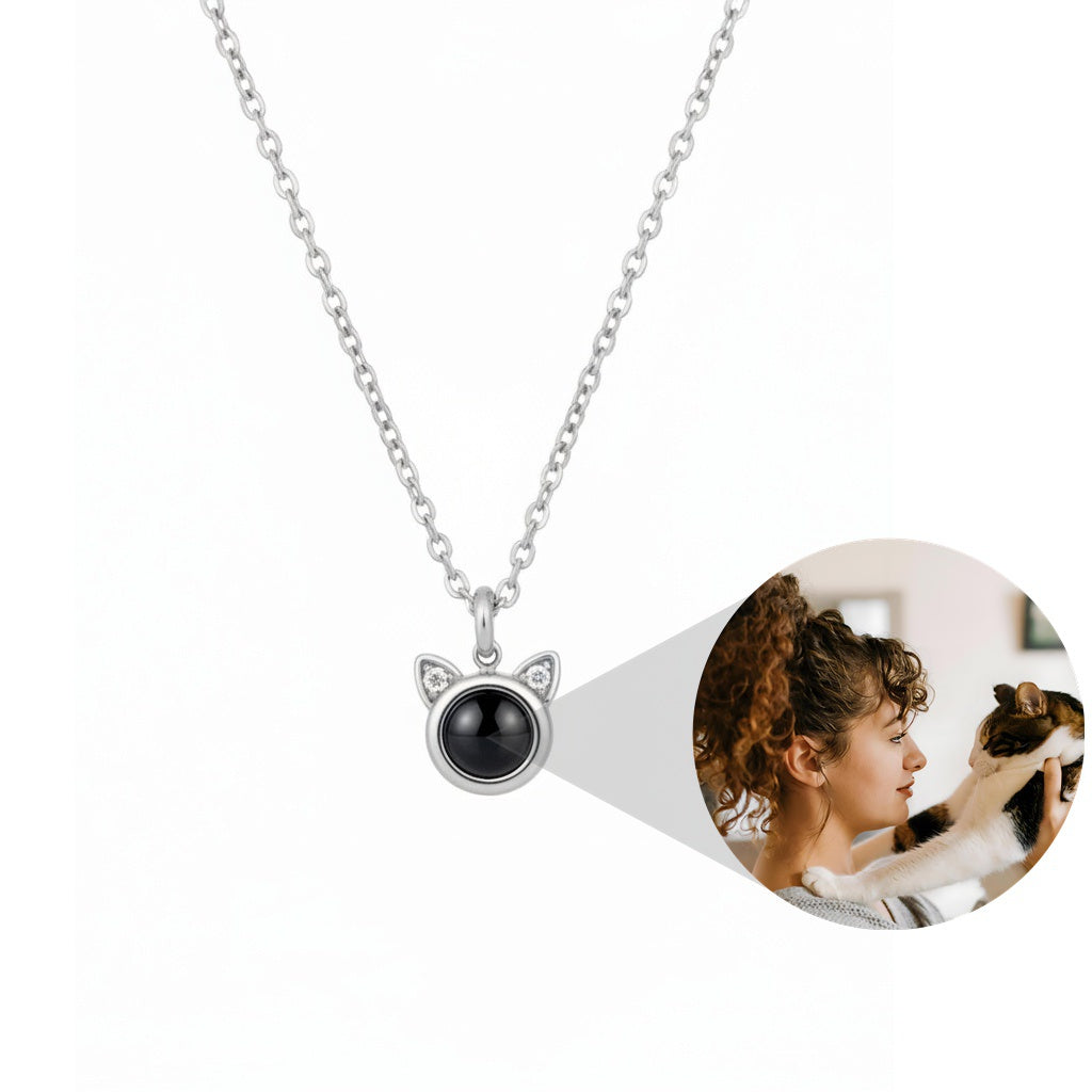 Personalized Cat Ear Photo Projection Necklace - Silver