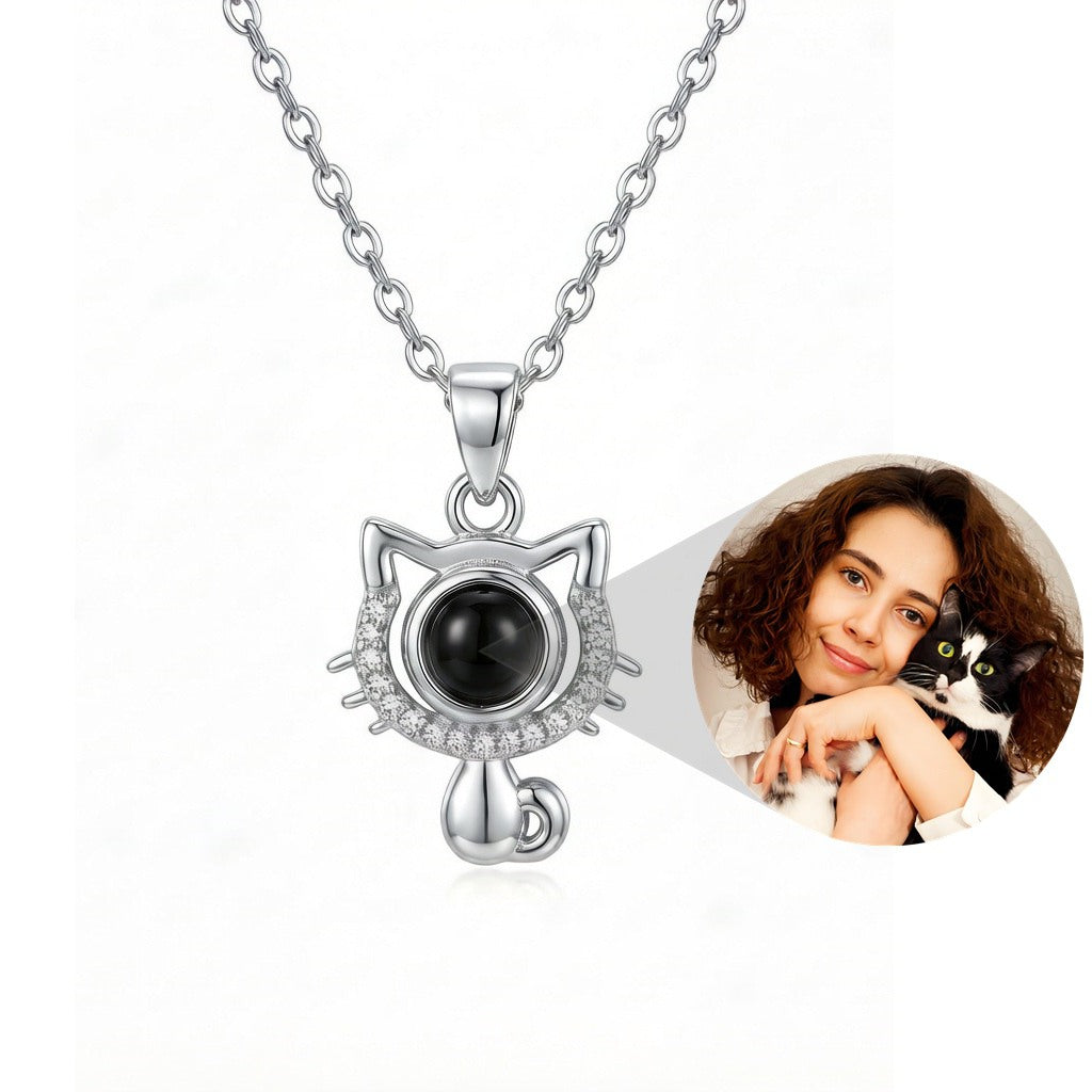Personalized Cat Pendant Photo Projection Necklace - Silver