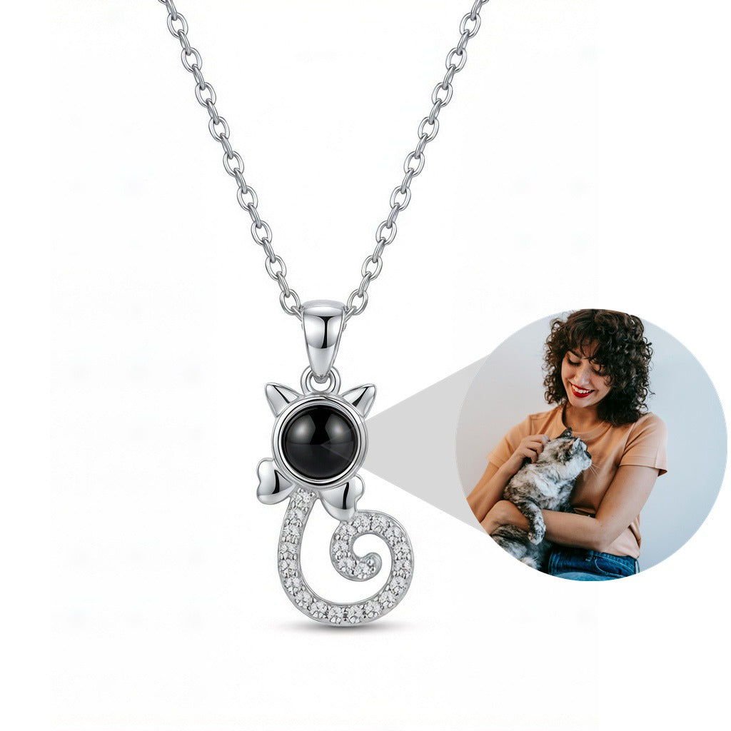 Personalized Cat Silhouette Photo Projection Necklace - Silver
