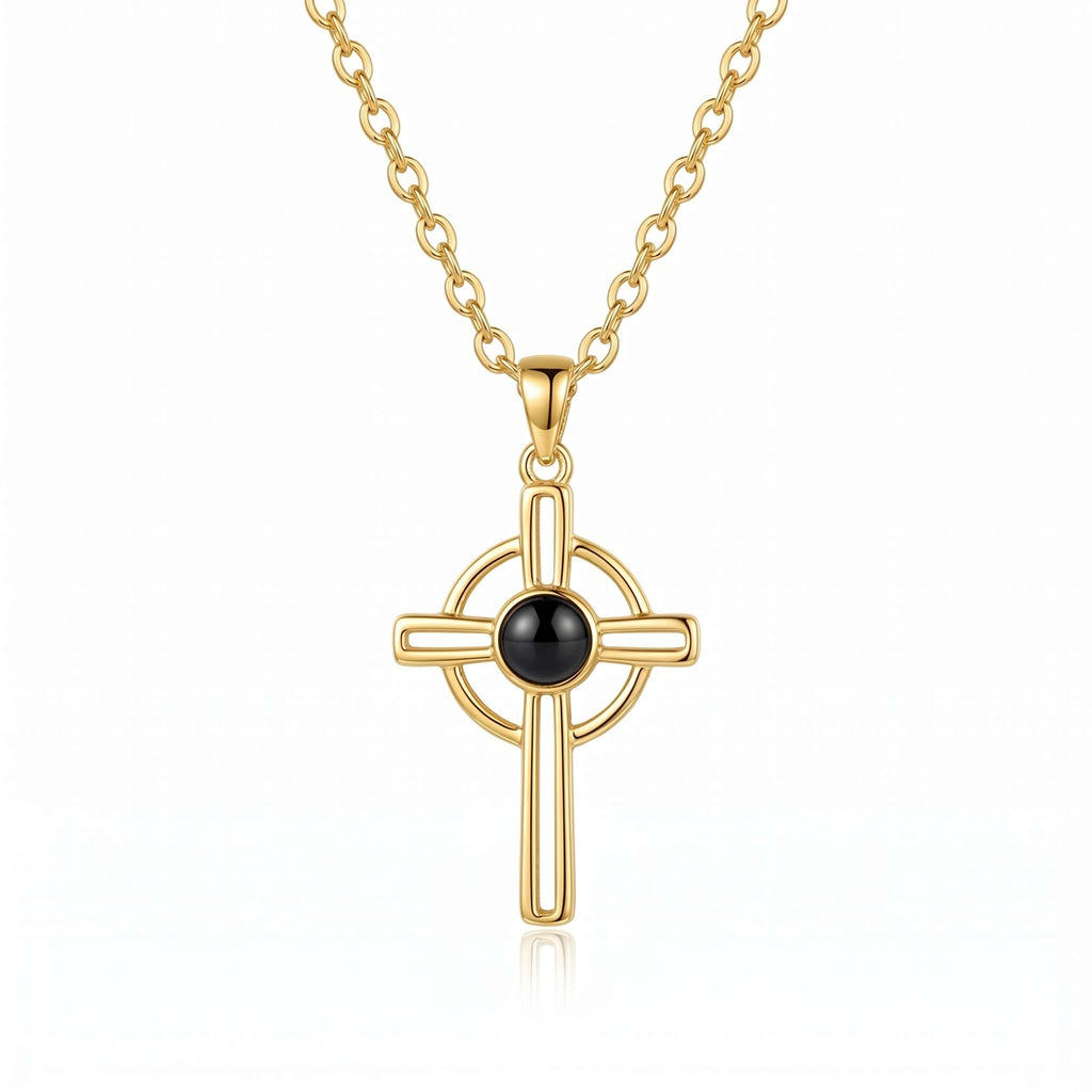 Personalized Celtic Cross Photo Projection Necklace - Gold