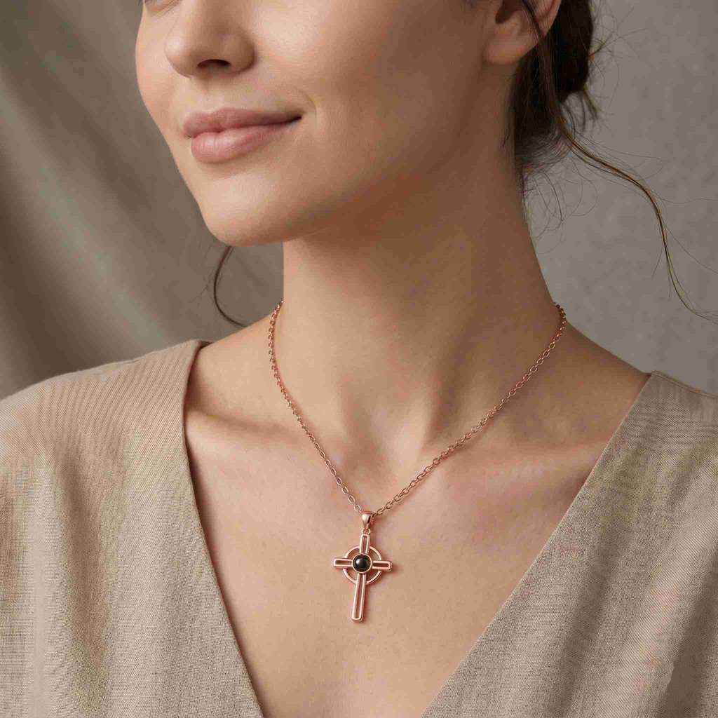 Personalized Celtic Cross Photo Projection Necklace - Rose Gold1