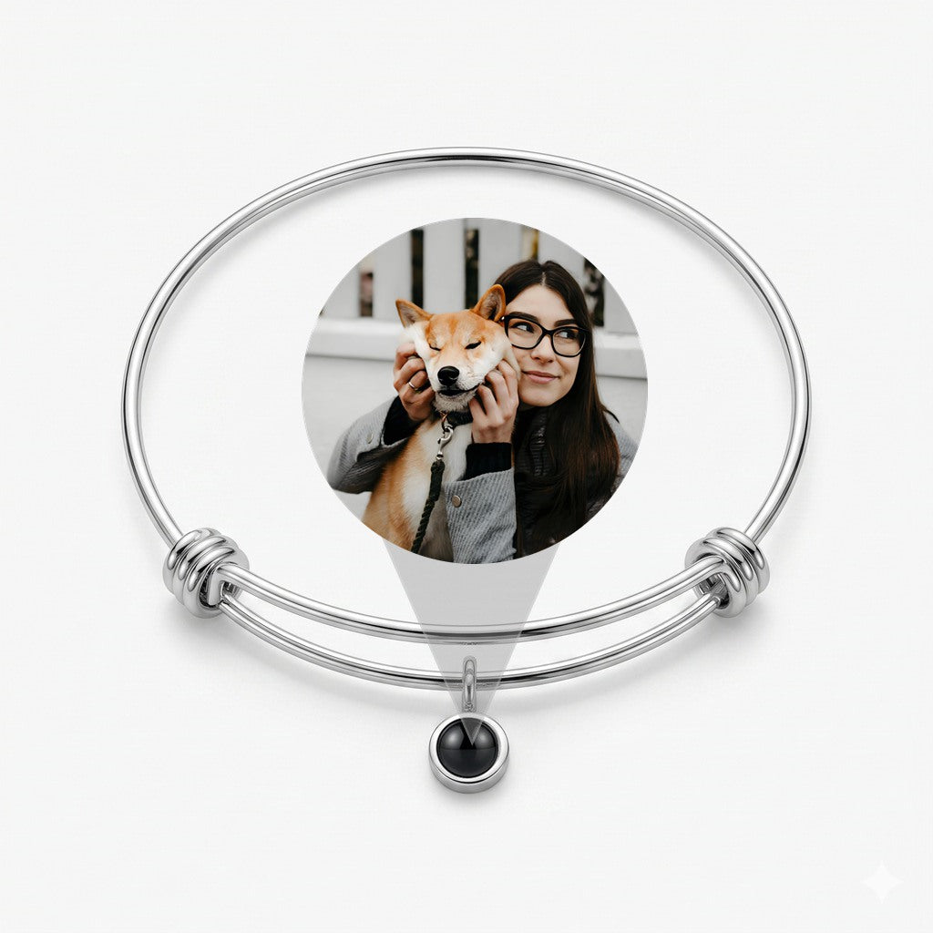 Personalized Circle Photo Projection Bangle Bracelet - Silver