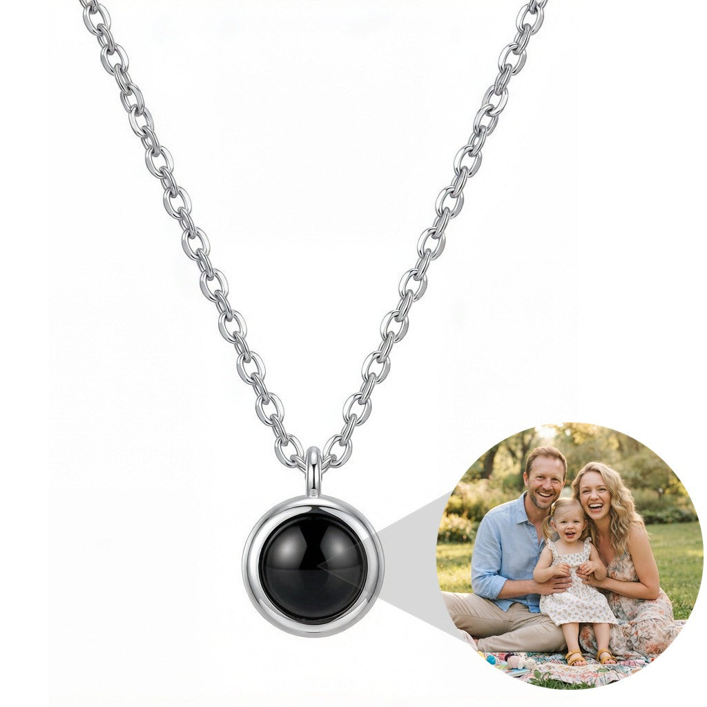 Personalized Circle Photo Projection Necklace - Silver