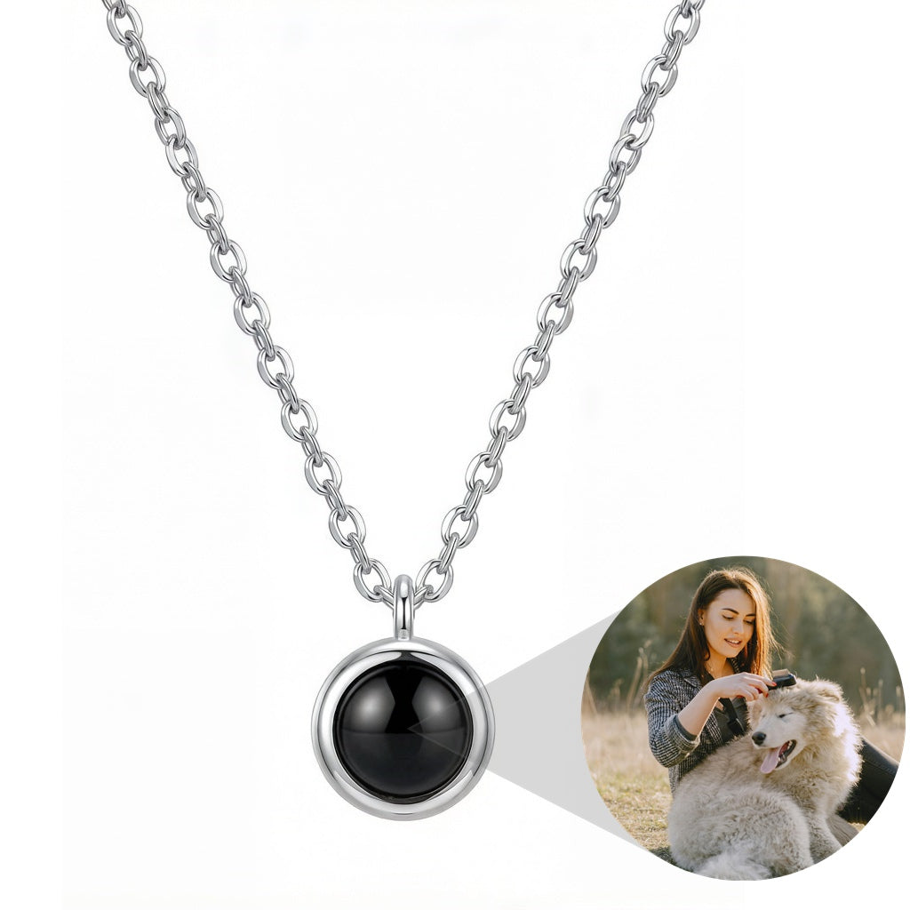Personalized Circle Photo Projection Necklace - Silver