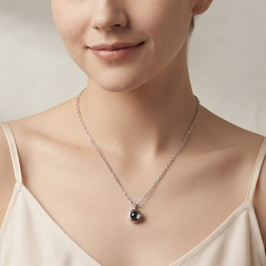 Personalized Circle Photo Projection Necklace - Silver