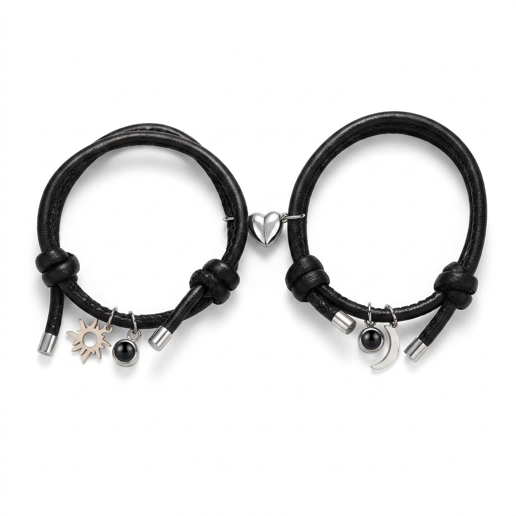 Personalized Couples Moon And Sun Photo Projection Bracelet - Black3