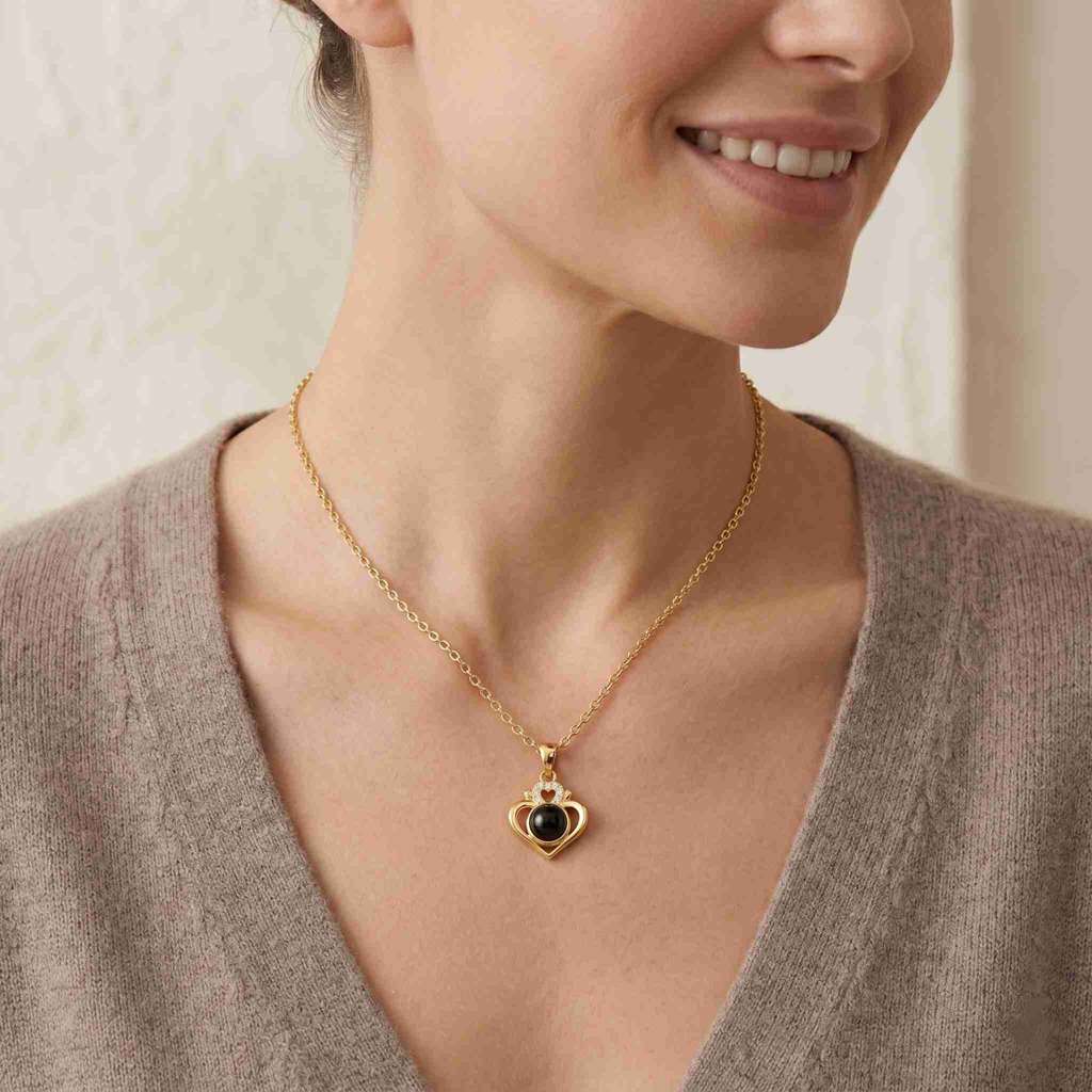 Personalized Crown Heart Photo Projection Necklace - Gold1