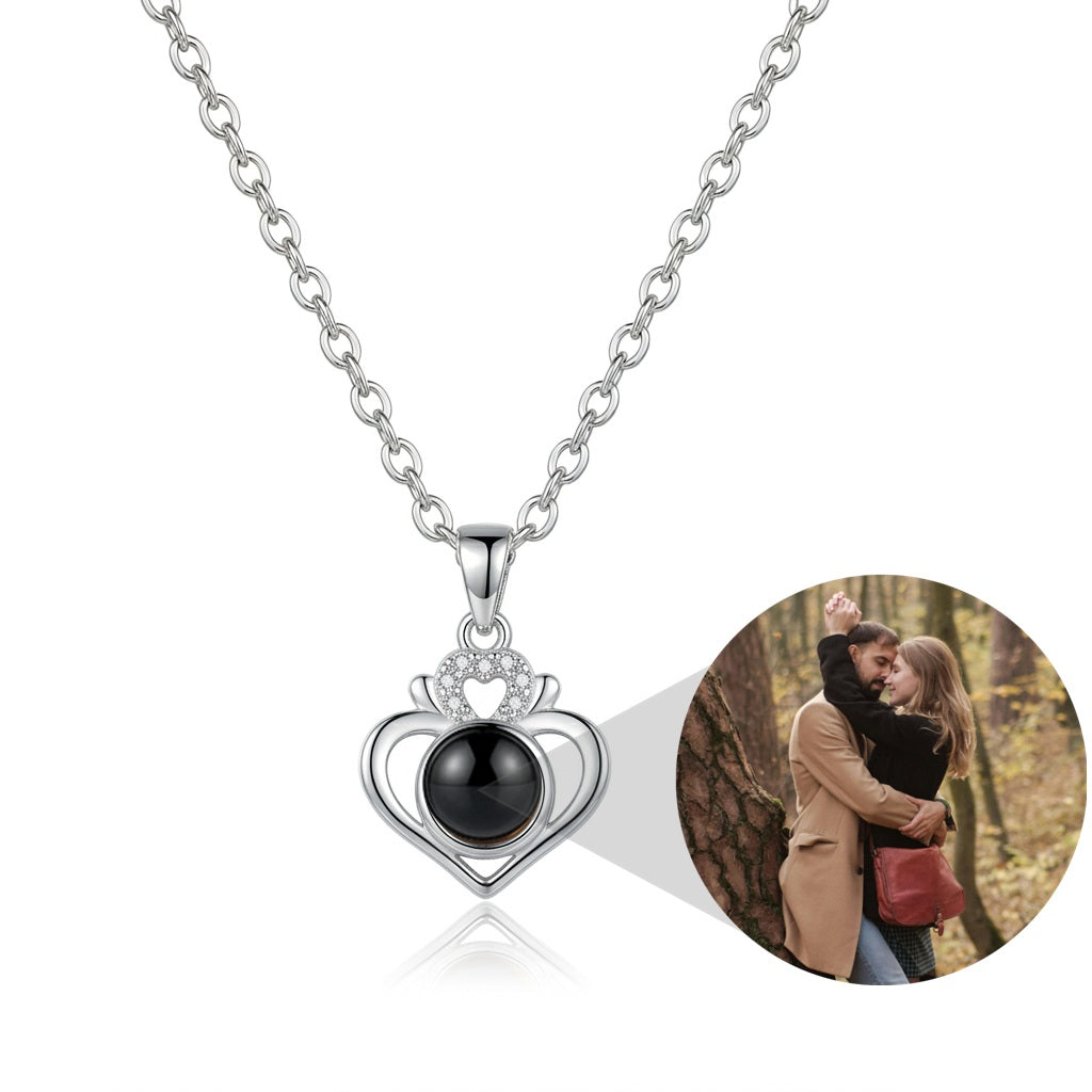 Personalized Crown Heart Photo Projection Necklace - Silver