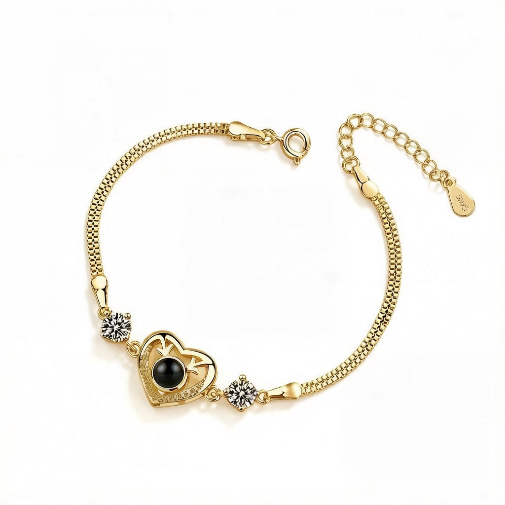Personalized Crystal Accent Heart Photo Projection Bracelet - Gold
