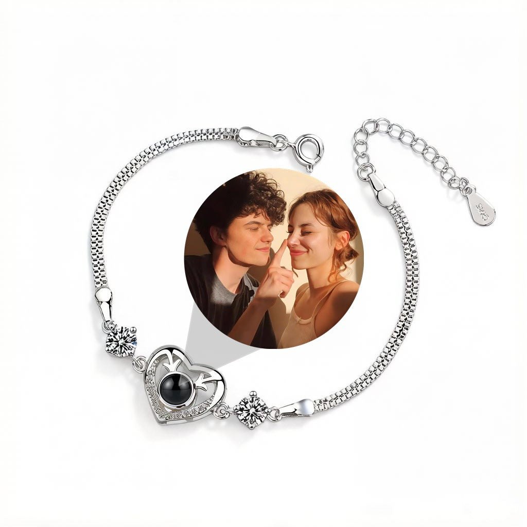 Personalized Crystal Accent Heart Photo Projection Bracelet - Silver
