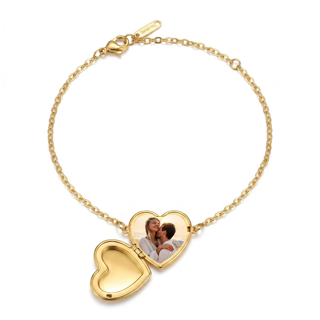 Personalized Crystal Heart Photo Locket Bracelet - Gold07