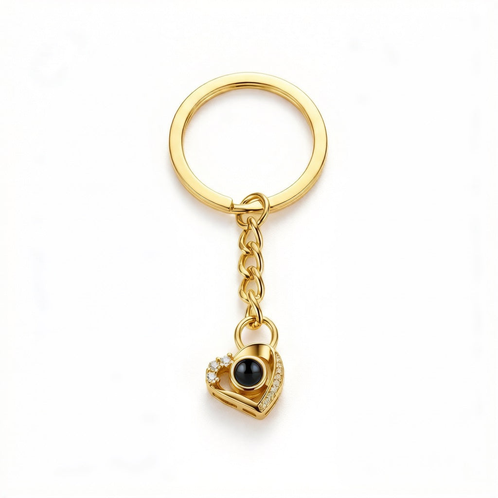 Personalized Crystal Heart Photo Projection Keychain - Gold