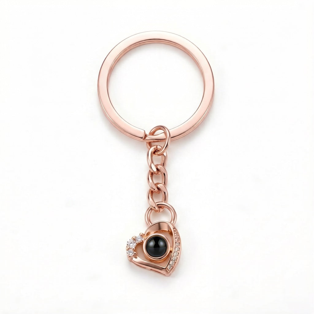 Personalized Crystal Heart Photo Projection Keychain - Rose Gold