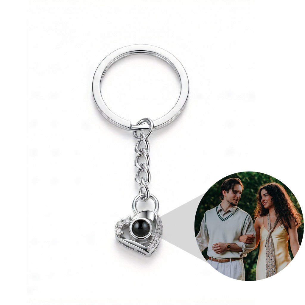 Personalized Crystal Heart Photo Projection Keychain - Silver