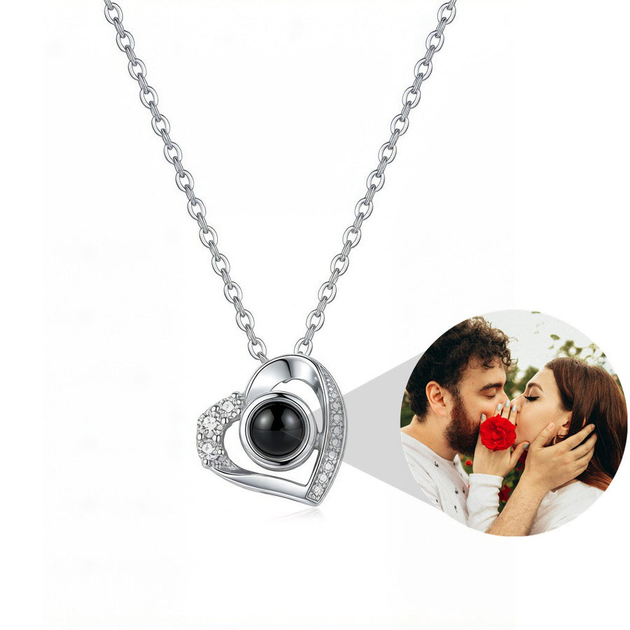 Personalized Crystal Heart Photo Projection Necklace - Silver