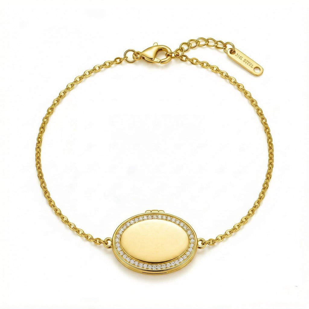 Personalized Crystal Oval Photo Locket Bracelet - Gold