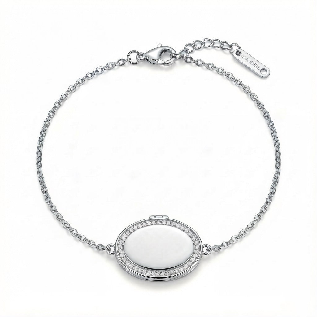 Personalized Crystal Oval Photo Locket Bracelet - Silver