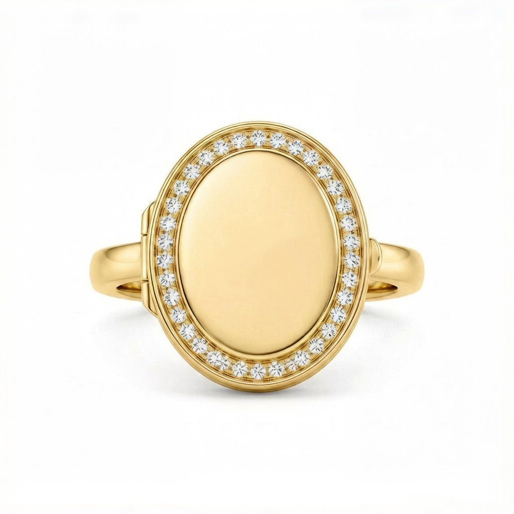 Personalized Crystal Oval Photo Locket Ring - Gold