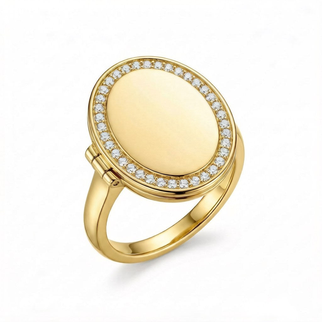 Personalized Crystal Oval Photo Locket Ring - Gold1