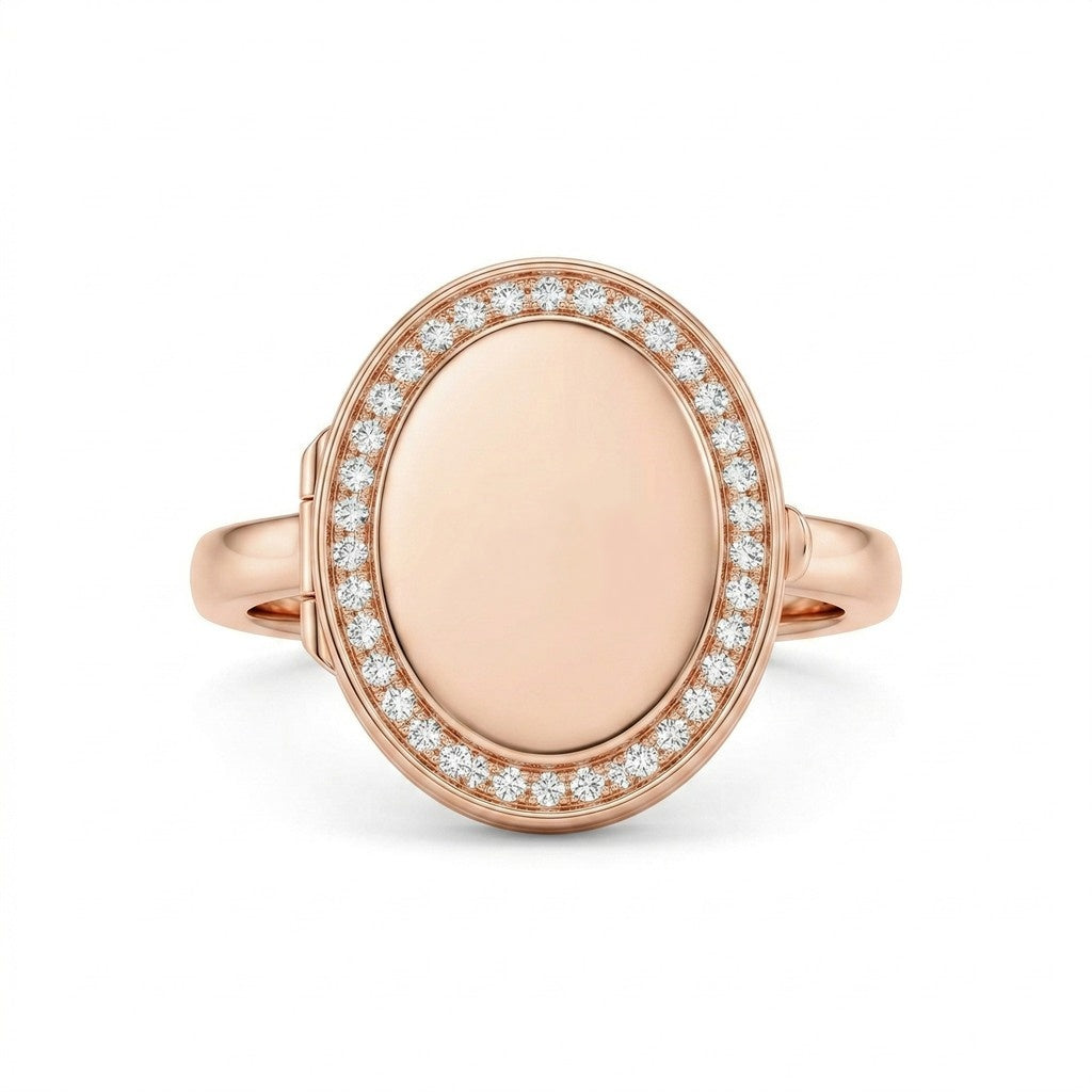 Personalized Crystal Oval Photo Locket Ring - Ross Gold