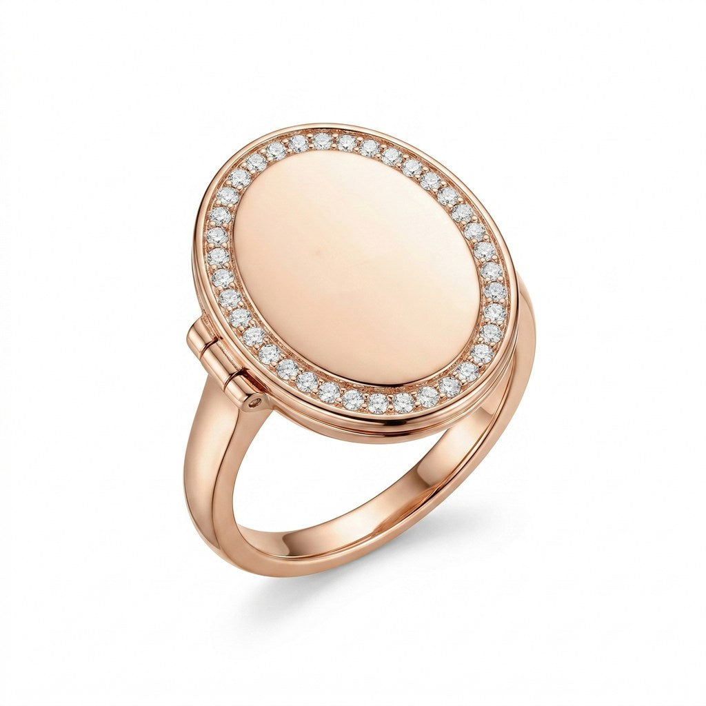 Personalized Crystal Oval Photo Locket Ring - Ross Gold1
