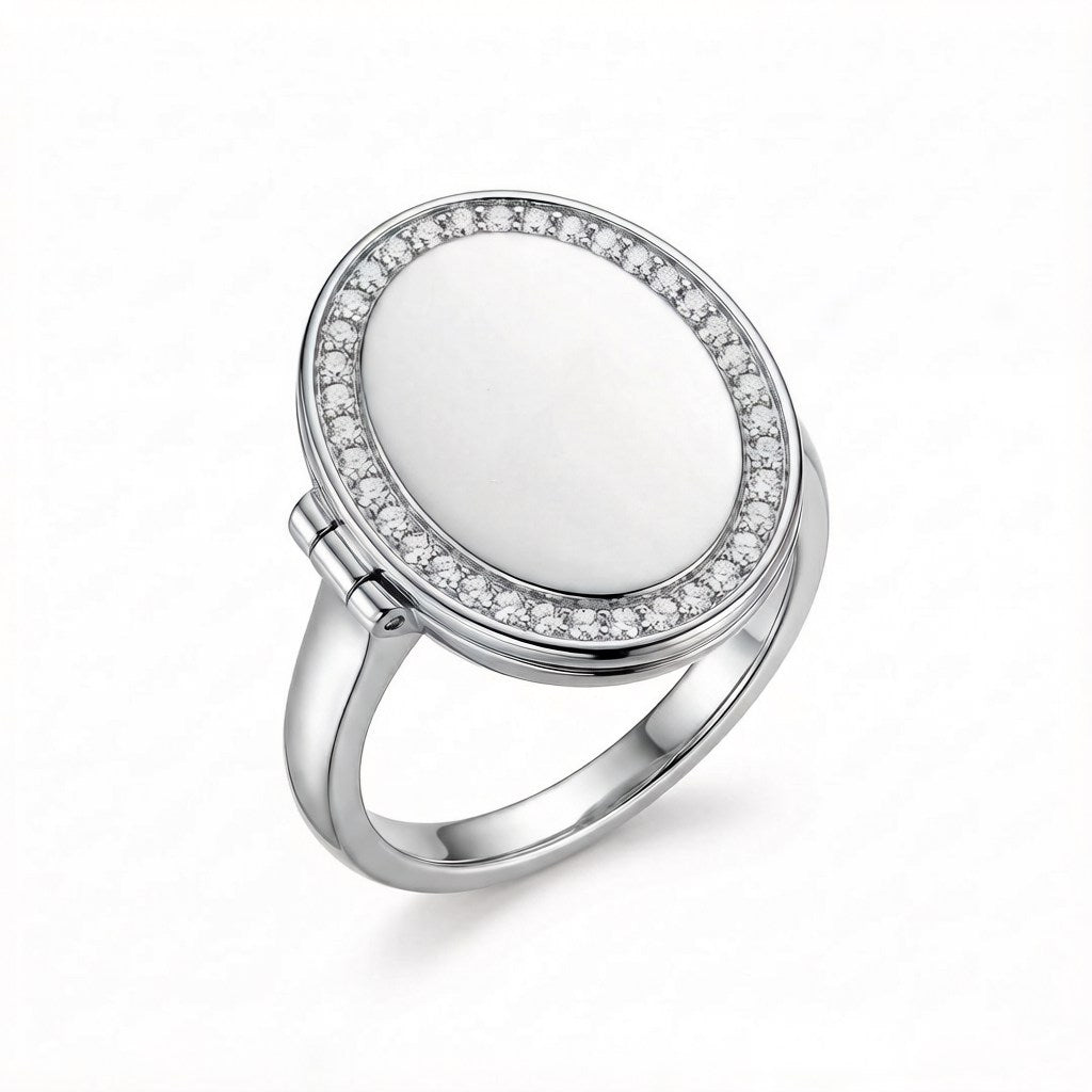 Personalized Crystal Oval Photo Locket Ring - Silver