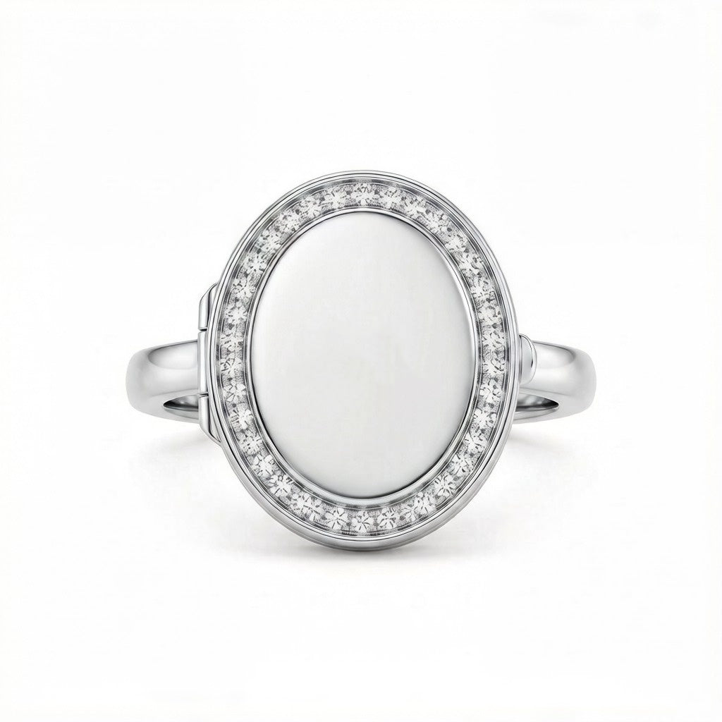 Personalized Crystal Oval Photo Locket Ring - Silver1