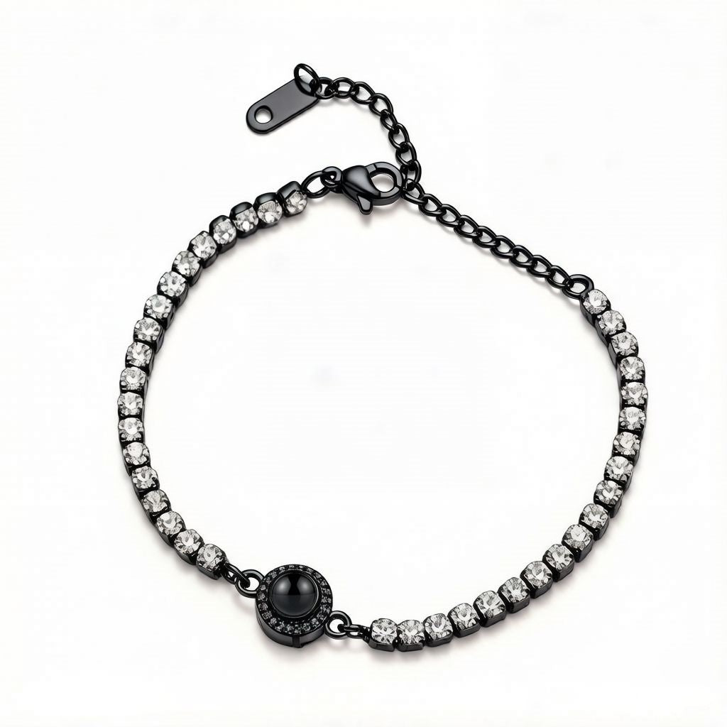Personalized Crystal Photo Projection Tennis Bracelet - Black