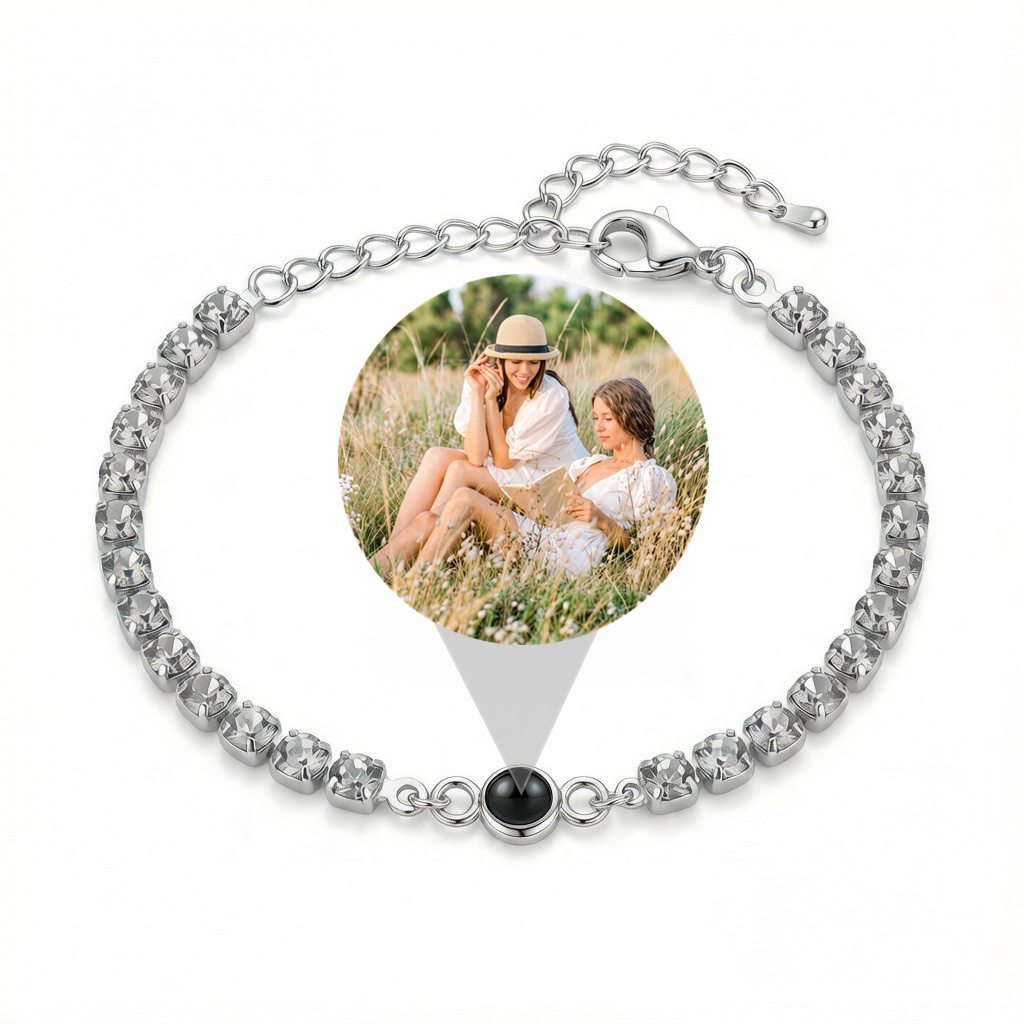Personalized Crystal Tennis Photo Projection Bracelet - Silver