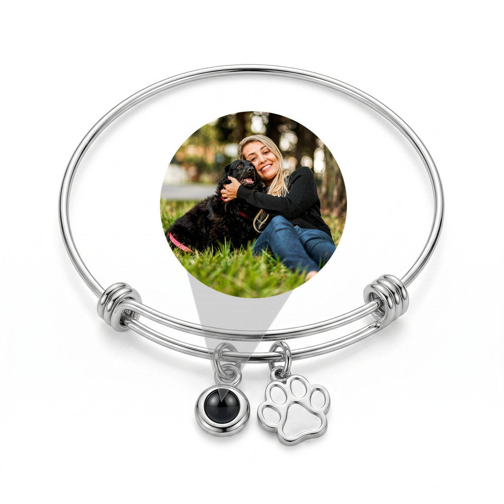 Personalized Dog Paw Photo Projection Bangle Bracelet - Silver