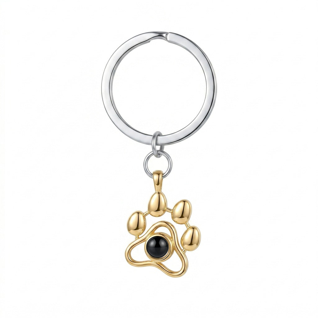 Personalized Dog Paw Print Photo Projection Keychain - Gold
