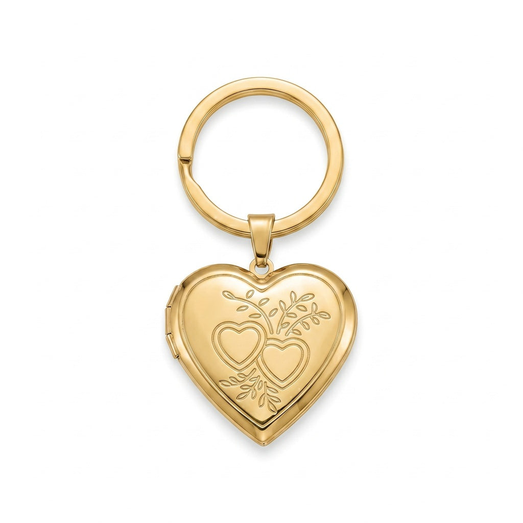 Personalized Double Heart Photo Locket Keychain - Gold