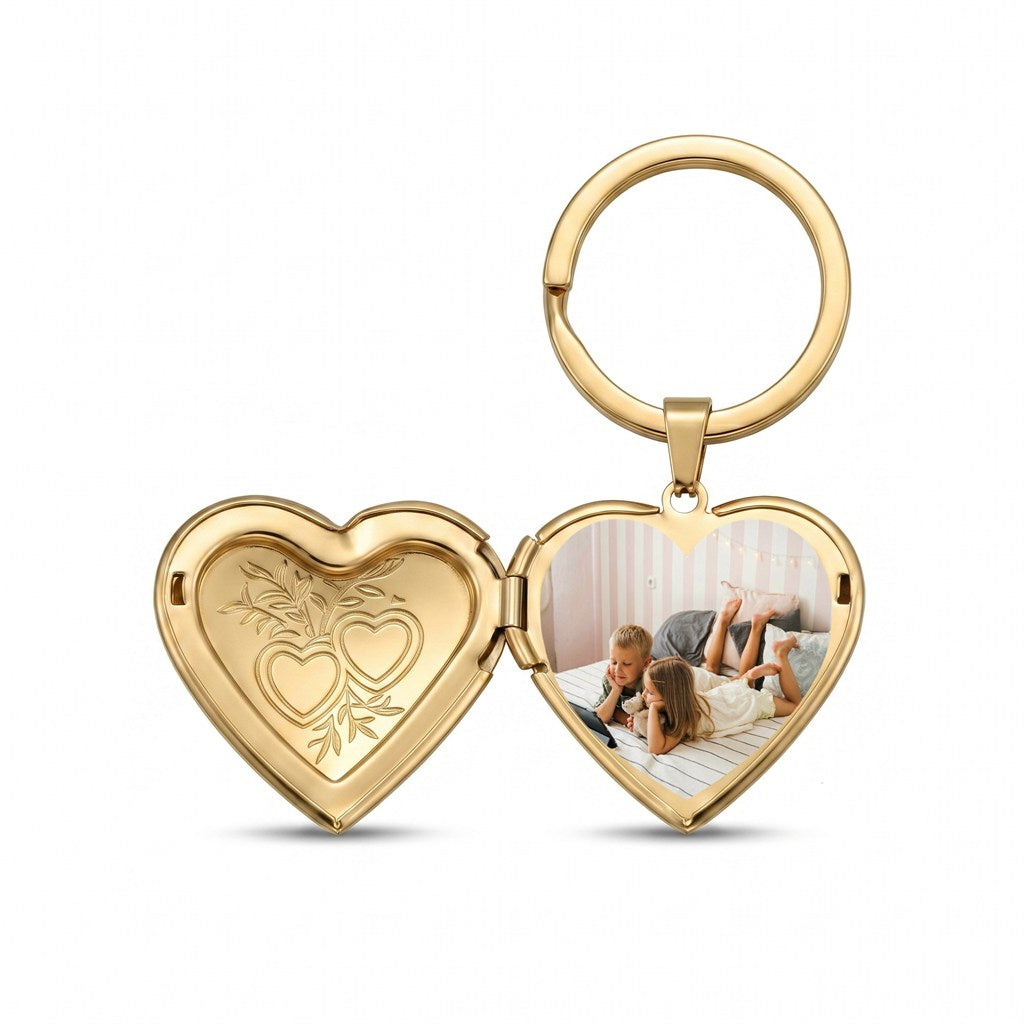 Personalized Double Heart Photo Locket Keychain - Gold1