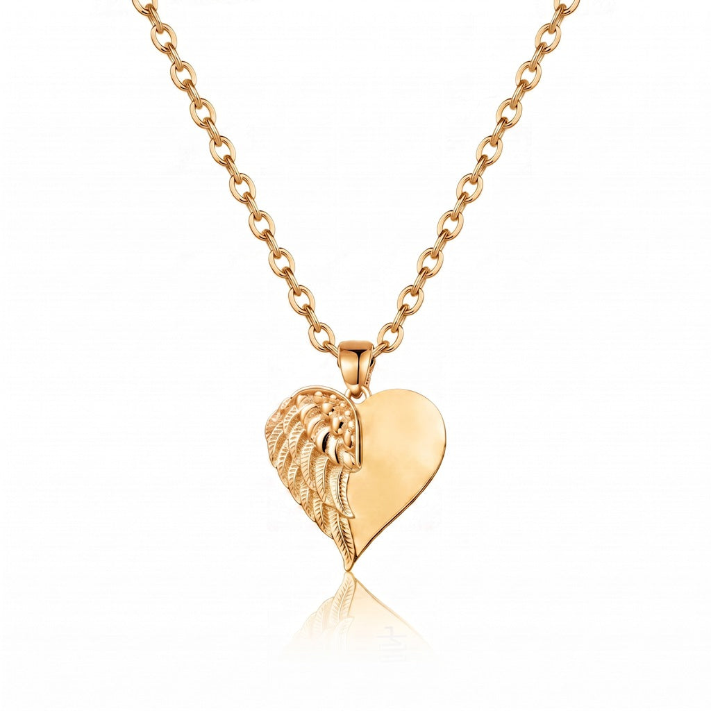 Personalized Engravable Angel Wing Heart Necklace - Gold