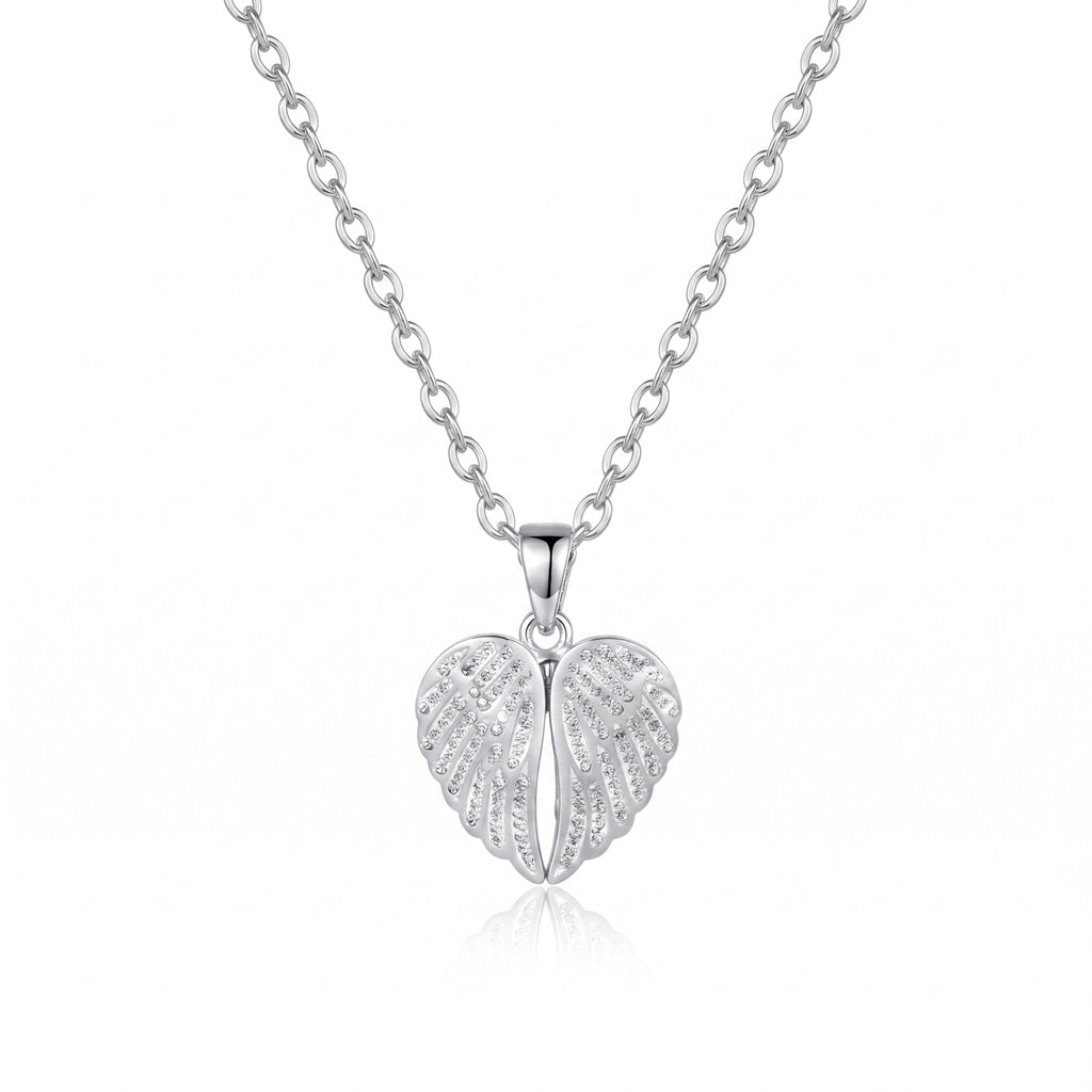 Personalized Engravable Angel Wings Heart Necklace - Silver