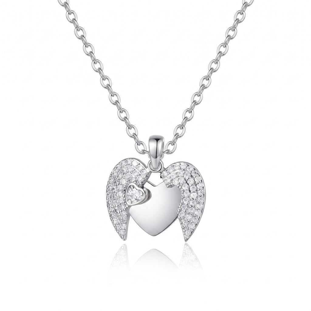 Personalized Engravable Folding Angel Wings Heart Necklace - Silver1