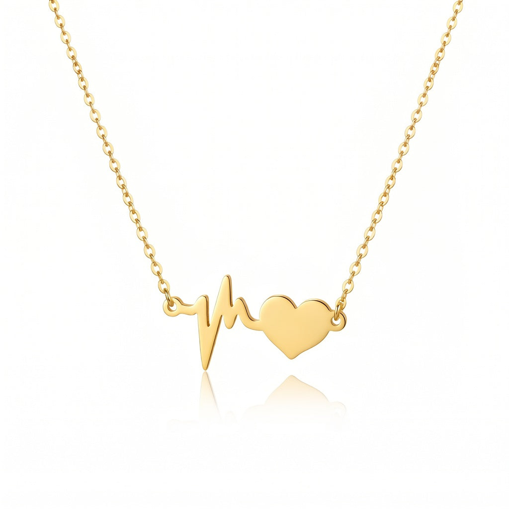 Personalized Engravable Heartbeat ECG Heart Necklace - Gold
