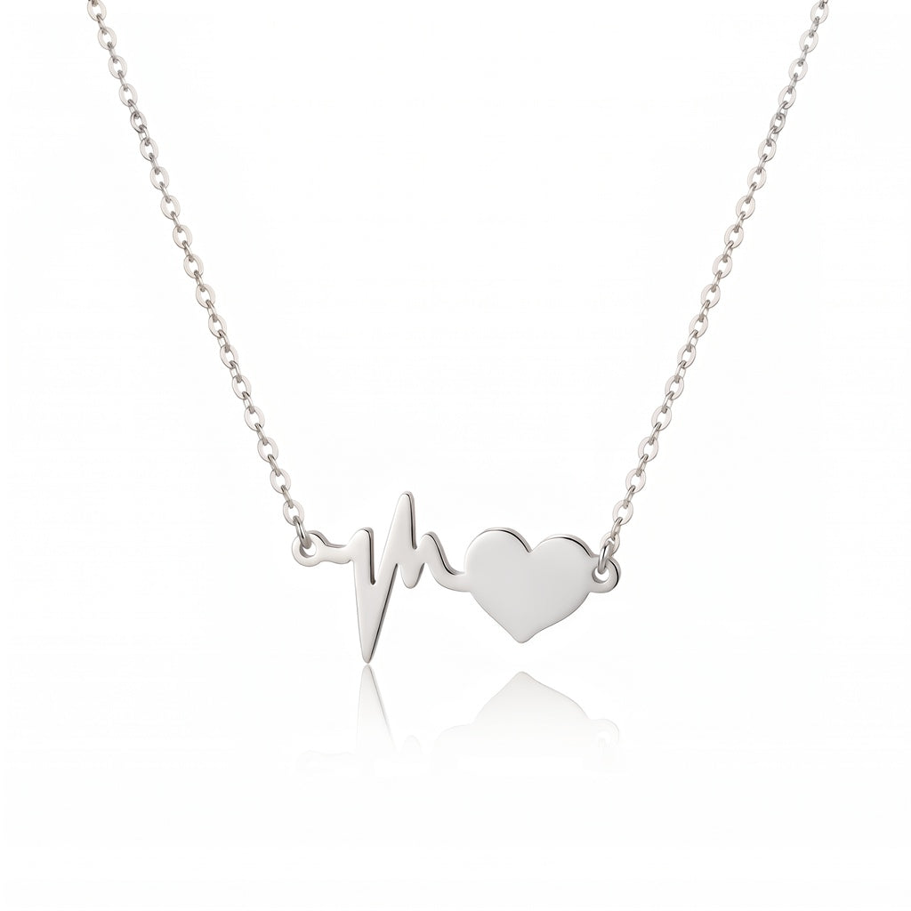 Personalized Engravable Heartbeat ECG Heart Necklace - Silver