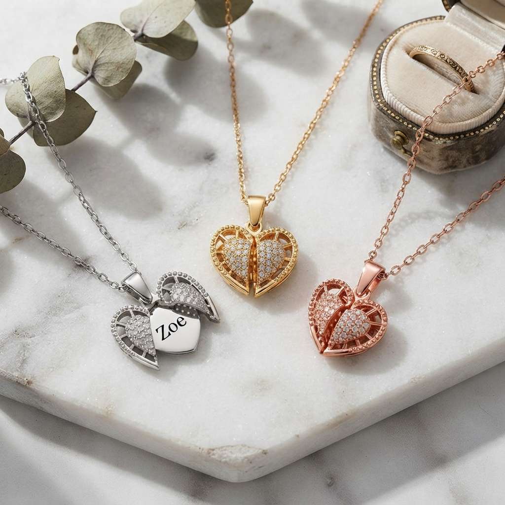 Personalized Engravable Opening Angel Wings Heart Necklace 