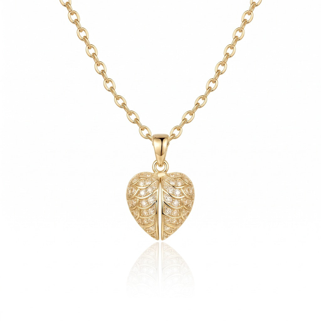 Personalized Engravable Opening Angel Wings Heart Necklace - Gold