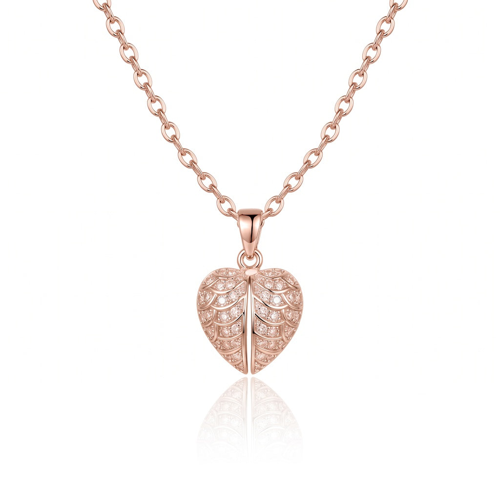 Personalized Engravable Opening Angel Wings Heart Necklace - Rose Gold