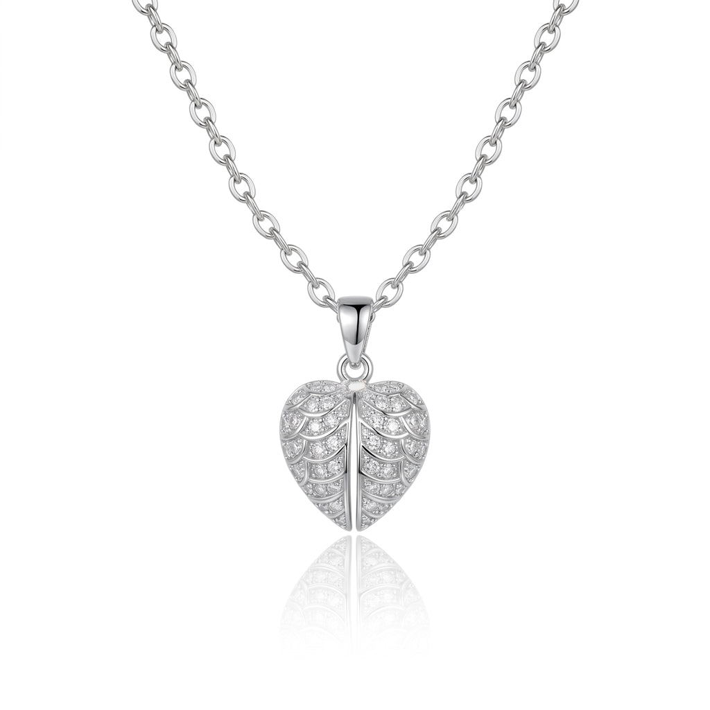 Personalized Engravable Opening Angel Wings Heart Necklace - Silver