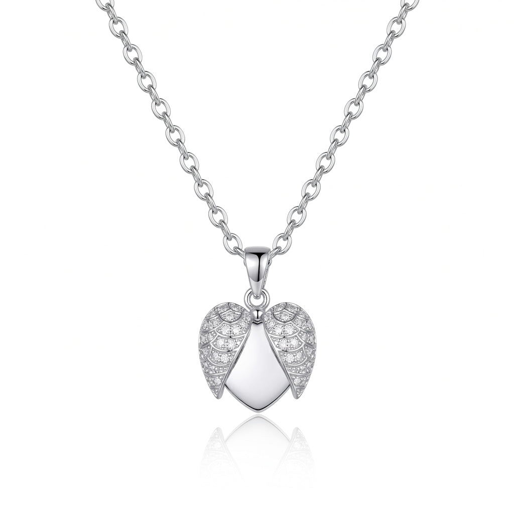 Personalized Engravable Opening Angel Wings Heart Necklace - Silver
