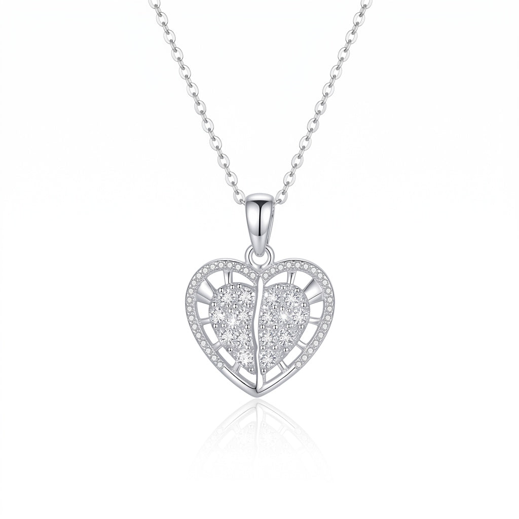 Personalized Engravable Opening Crystal Heart Necklace - Silver