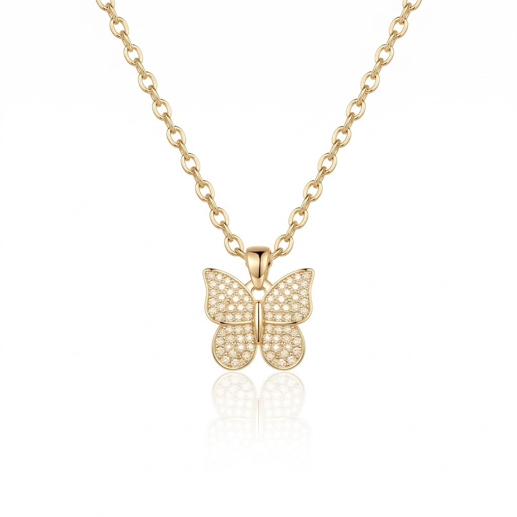 Personalized Engravable Pavé Butterfly Necklace -Gold