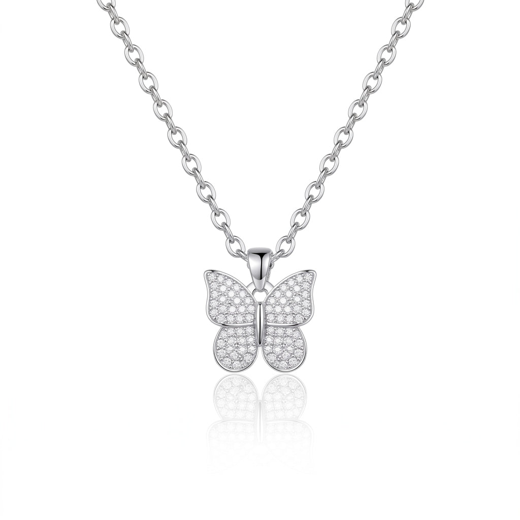 Personalized Engravable Pavé Butterfly Necklace -Silver