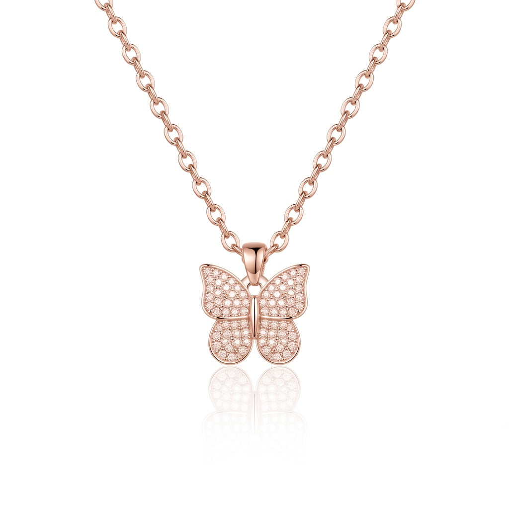 Personalized Engravable Pavé Butterfly Necklace - Rose Gold