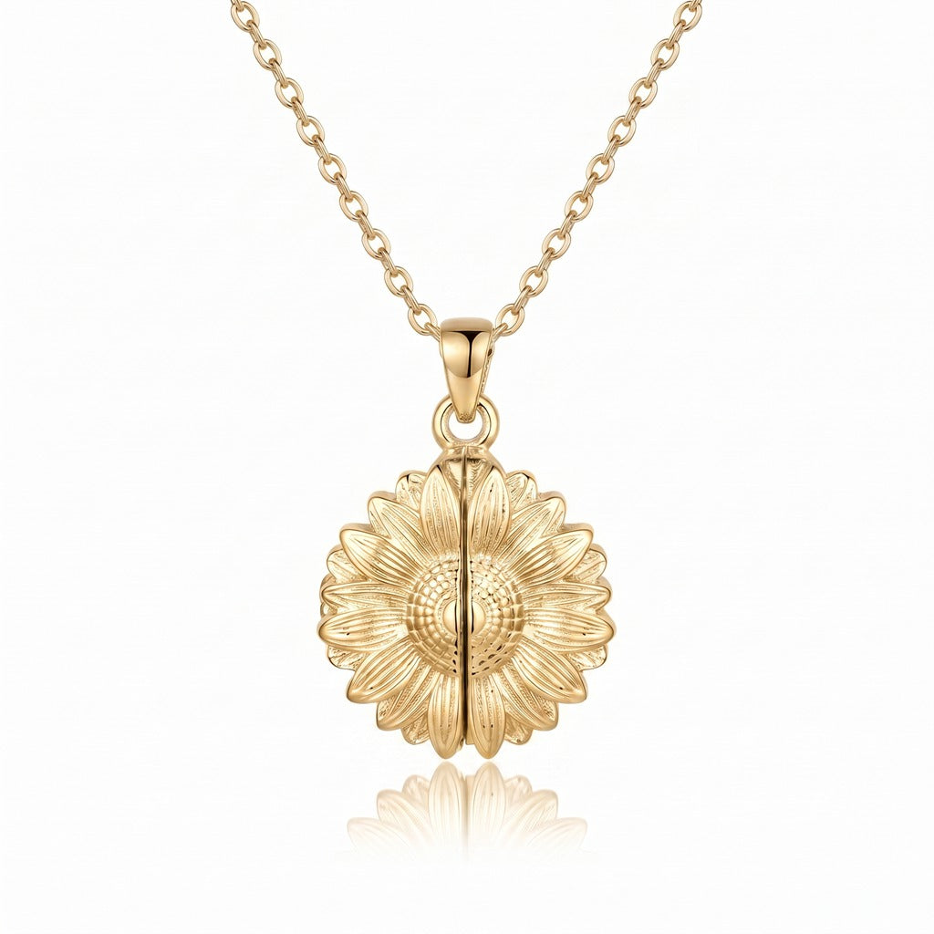Personalized Engravable Sunflower Locket Necklace - Gold