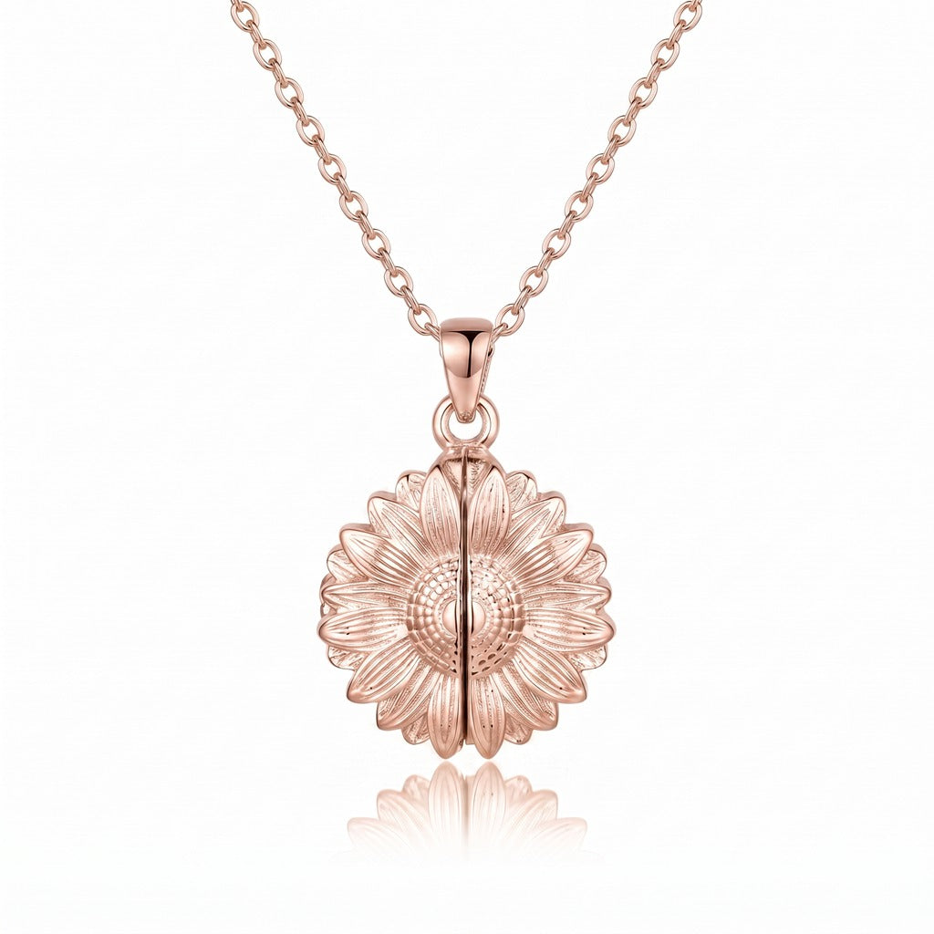 Personalized Engravable Sunflower Locket Necklace - Rose Gold