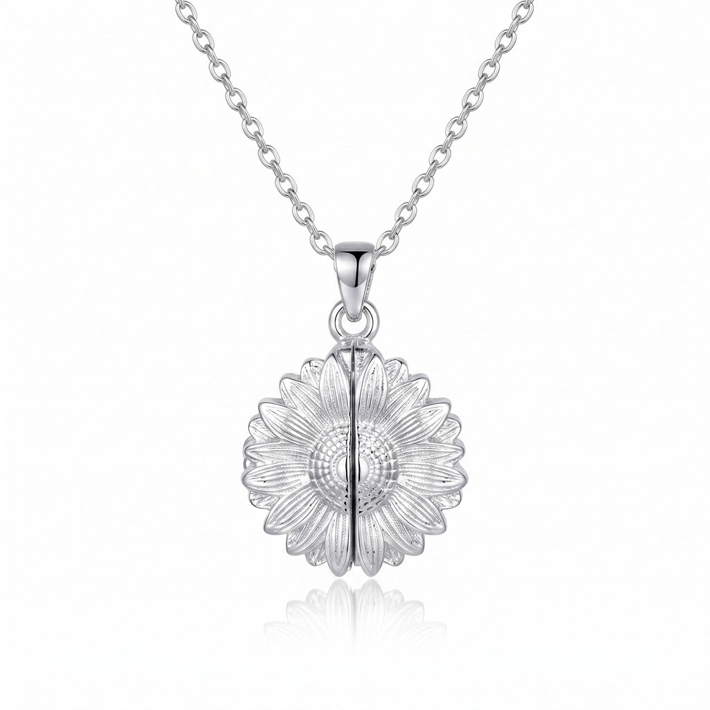 Personalized Engravable Sunflower Locket Necklace - Silver
